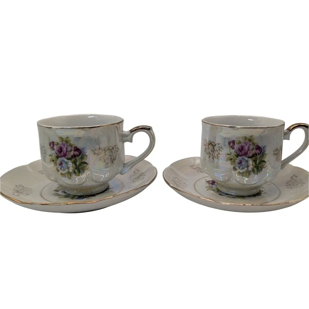 Vintage Seyei Fine China Demitasse Cups and Saucers Iridescent Floral Set of Two